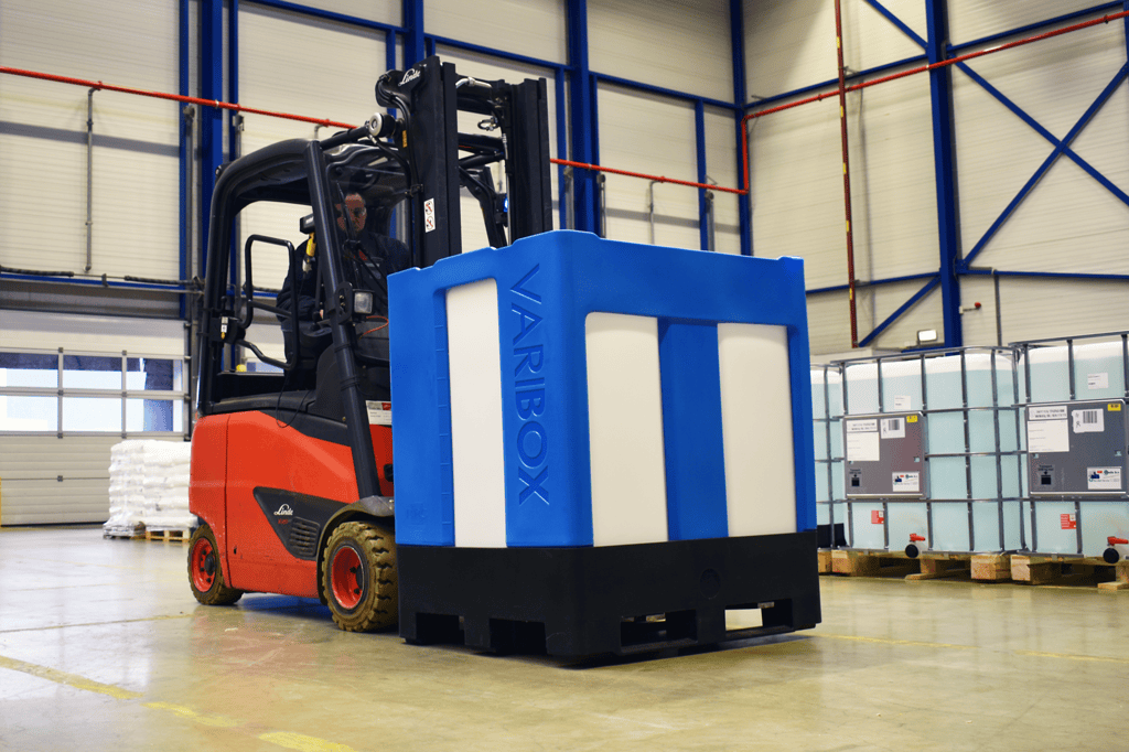 VARIBOX Single Containment IBC on a forklift in a warehouse