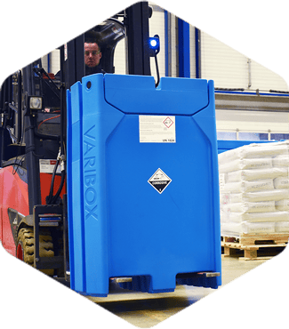 VARIBOX Compact Containment IBC on a forklift in a warehouse