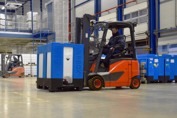 VARIBOX Single Containment IBC on a forklift in a warehouse